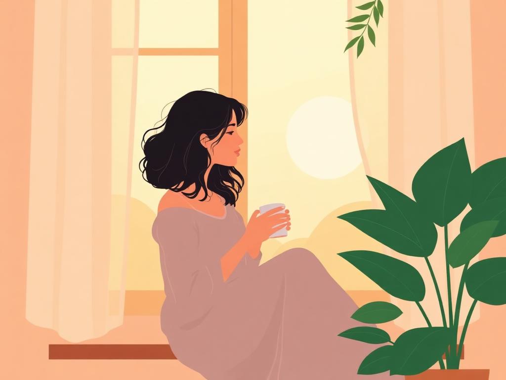 Woman sitting quietly by a window in warm evening light
