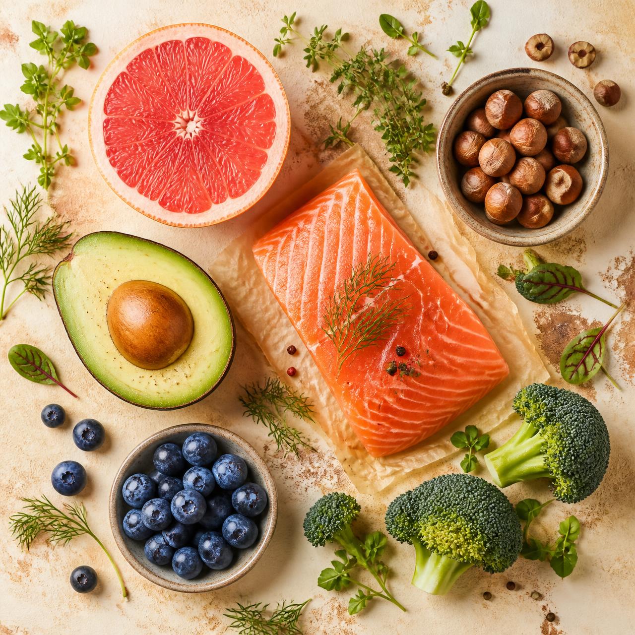 Whole foods still life — grapefruit, avocado, salmon, blueberries, broccoli, and hazelnuts